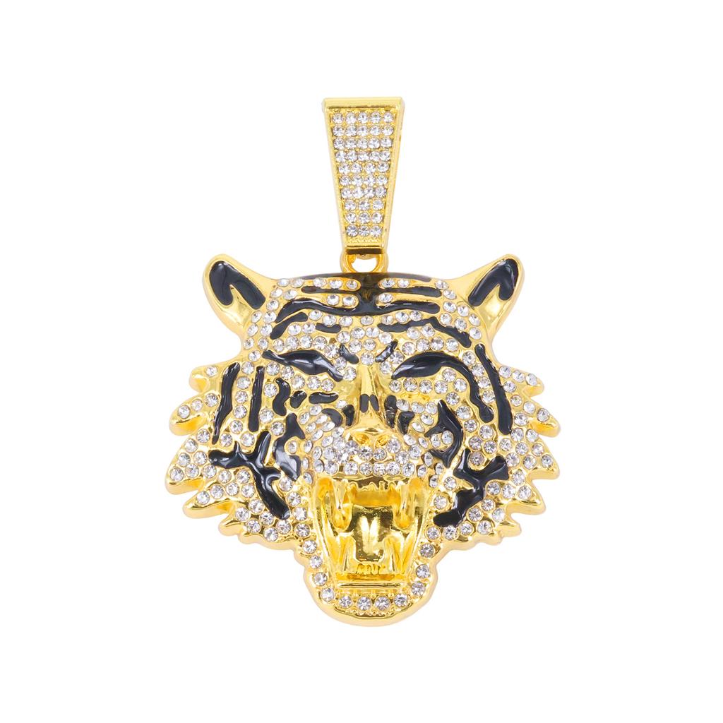 European American Cool 3D Full Rhinestone New Enamel Tiger Head Pendant, Trendsetter Personalized Men Hip Hop Necklace