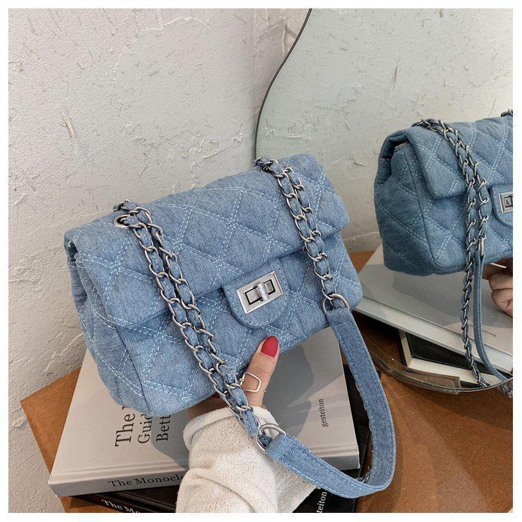 2024 Women's Small Textured Denim Crossbody Bag with Diamond Chain