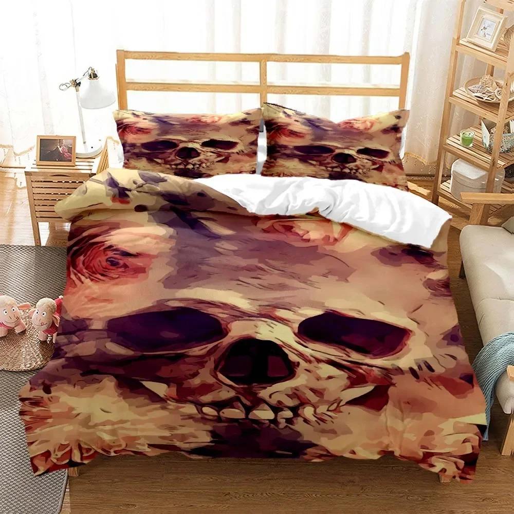 Skull Personalized Digital Printing Polyester Bedding Set For Boys And Girls Three Piece Comfortable Soft Couple Gift