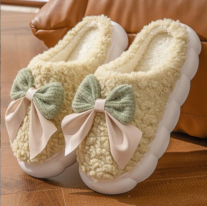 Winter Warm Fur Slippers for Women Cute Bow House Soft Shoes Comfort Flat Heel Home Indoor Bedroom Plush Slippers