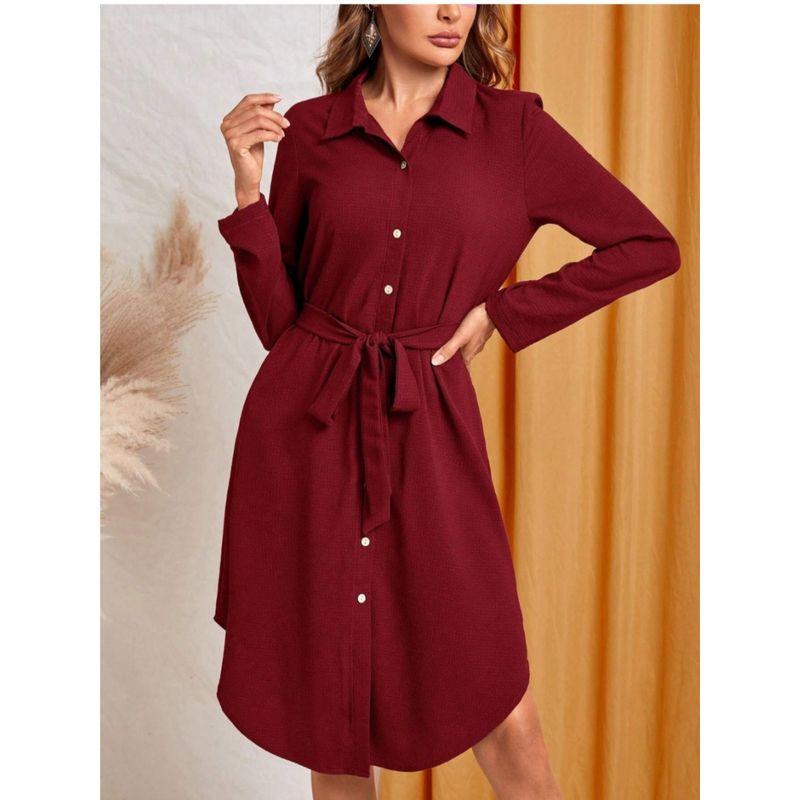 Spring and Autumn New Western Style Fashion Commuter Ol Single-Breasted Lace-up Waist Hugging Mid-Length Solid Long Sleeve Dress Women