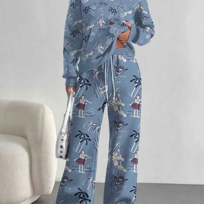 European, American Autumn and Winter Blue Splicing Flower Casual Long-sleeved Suit Women's Hooded Sweater Trousers Two-piece Set