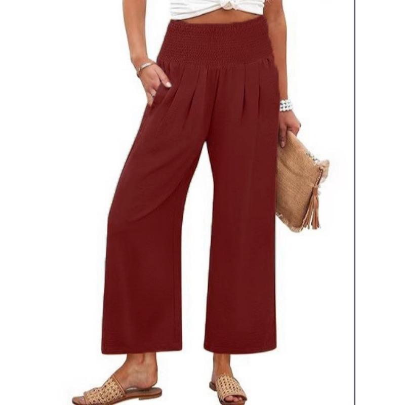 Women S High Waist Smocked Straight Leg Cropped Casual Pants Solid Color