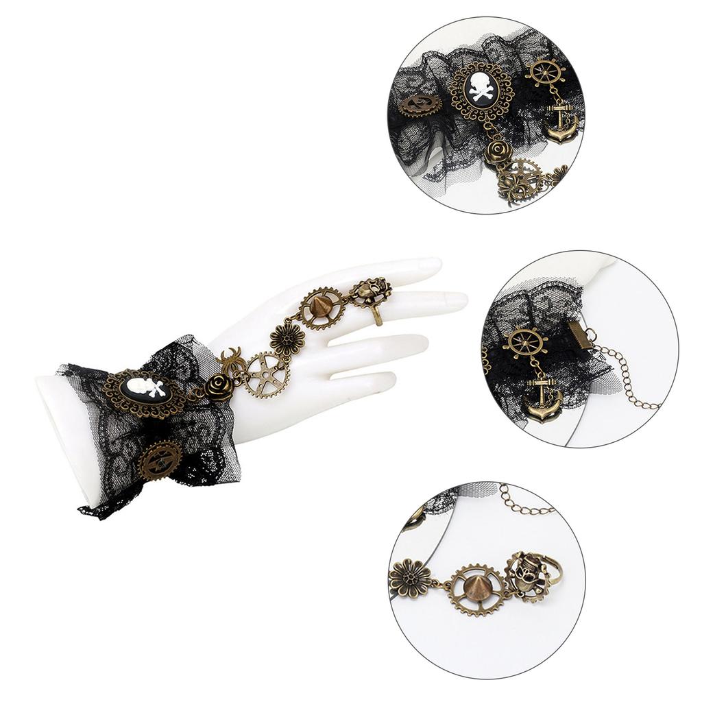 Steampunk Fingerless Lace Gloves for Women Stage Performance Props Gear Rings Gloves Vintage Victorian Wristband Gloves