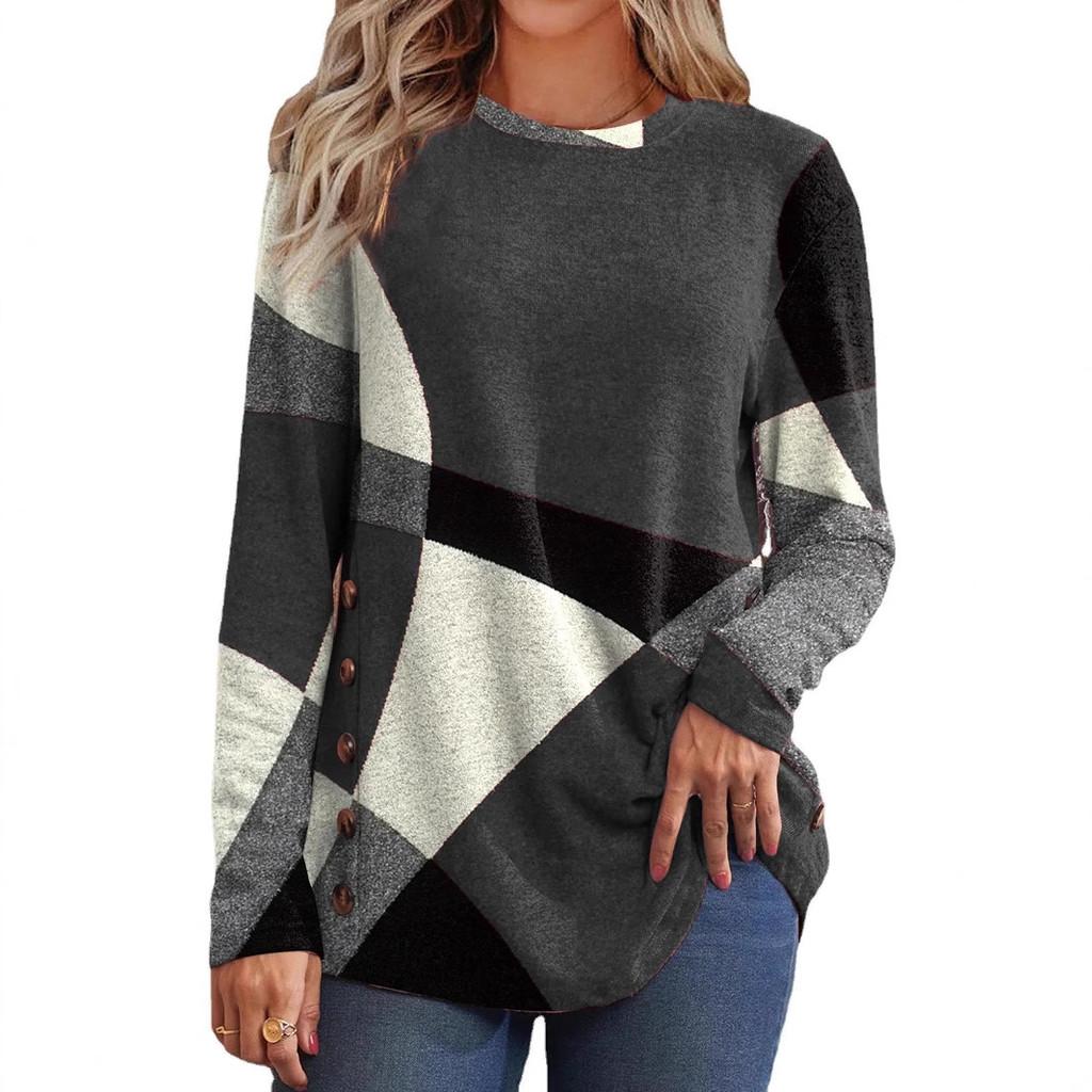 Springwish Geometric Colorblock Long Sleeve Tee For Casual Urban Women