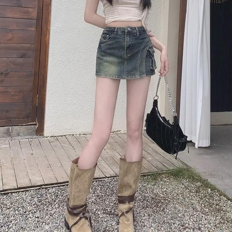 High-Waisted Retro Denim A-Line Skirt with Built-In Shorts