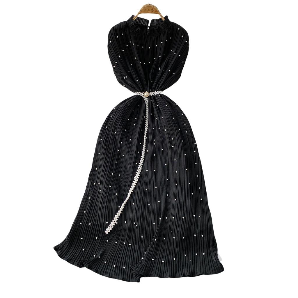 Celebrity Temperament Heavy Industry Pearl Fungus Edge Round Neck Dress Women's Summer New Waist Thin Pleated Long Dress