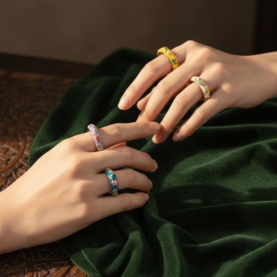 Blue Flower Enamel Drip Oil Ring Vintage Adjustable Irregular Opening Ring Sweet Copper Blue and White Porcelain Ring