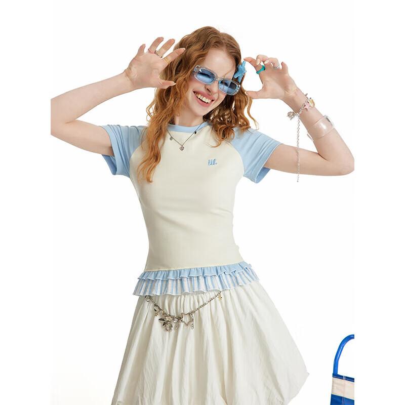 

UNIFREE Ruffle Trim Colorblock Short Sleeve T-Shirt S