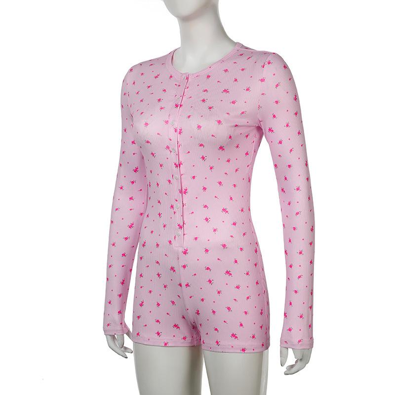 European and American Spring/summer Casual Floral Round Neck Breasted Long Sleeved Sexy Slim Fit Jumpsuit