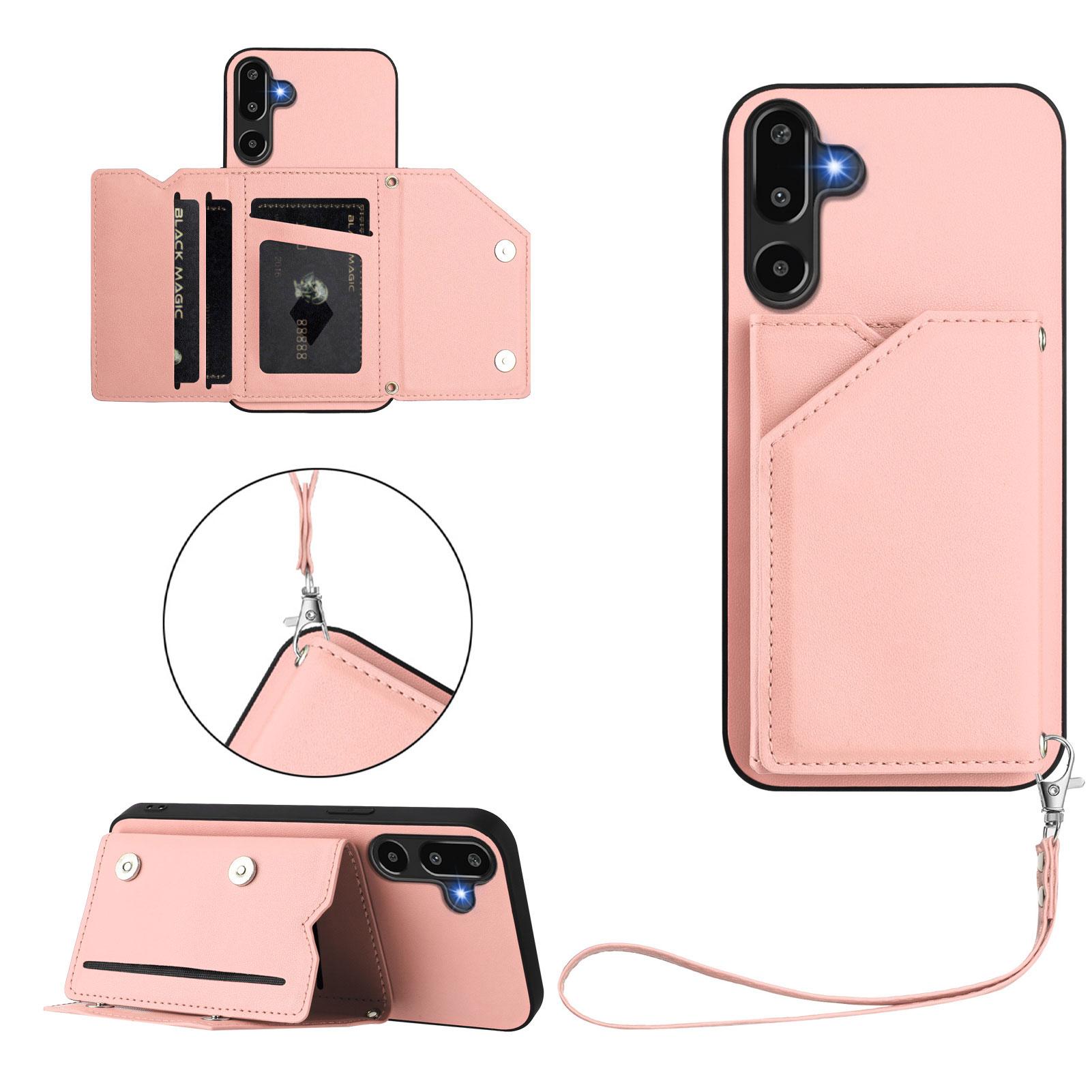 

For Samsung Galaxy F16 5G/Galaxy M16 5G Case Card Holder Kickstand Skin-Touch Phone Cover with Wrist Strap Pink