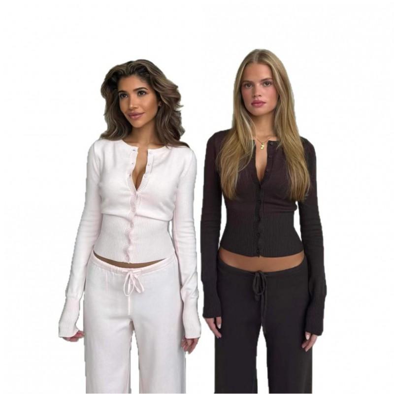 Womens Slim Fit Knit Two Piece Set Long Sleeve Button Front Top Low Waist Casual Pants