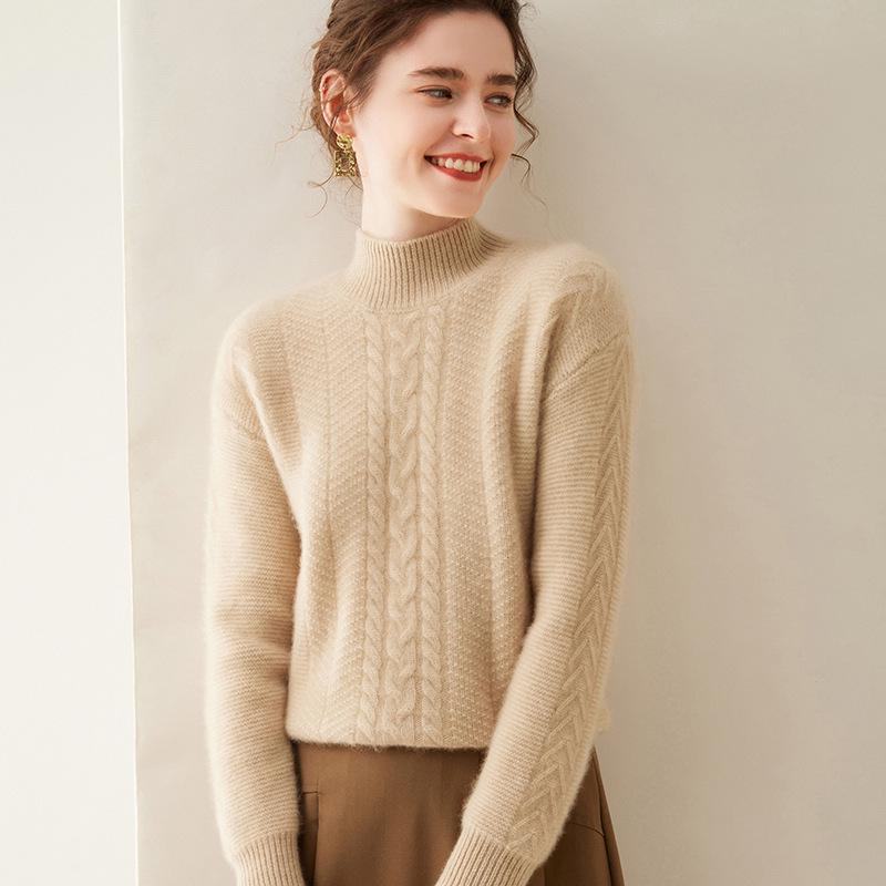 Women's Soft Cashmere Cable Knitwear - Semi-High Neck, Thickened for Autumn/Winter, Can Be Worn Alone or as a Commuting Base Layer