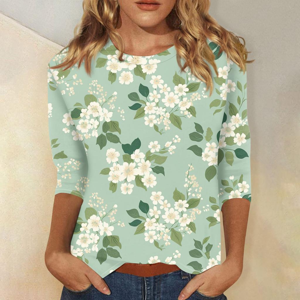 Women's Casual Loose Printed Round Neck Top With Three Quarter Sleeves T Shirt Top