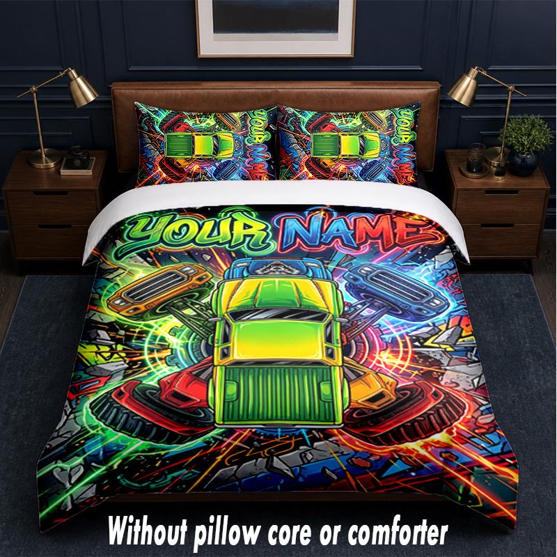 Car Theme Custom Text Or Name 3Pcs Bedding Set,1 Flat Sheet & 2 Pillowcases Personalized Home Bedding
