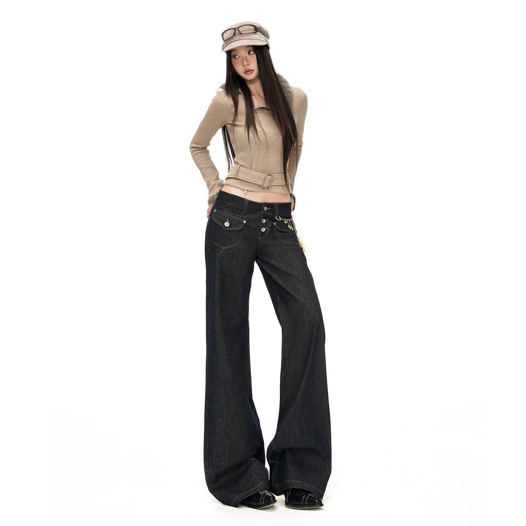 American front pocket slightly pulled jeans women's autumn and winter new retro tannin low-rise slim-fitting straight-leg bell pants