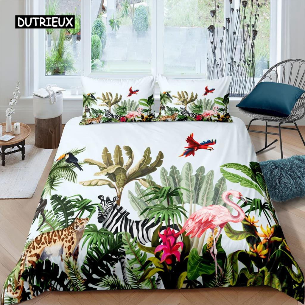 Parrot Duvet Cover Set Black White Stripe Bedding Set Green Plant Palm Leaves Quilt Cover Bird Animal Polyester Comforter Cover
