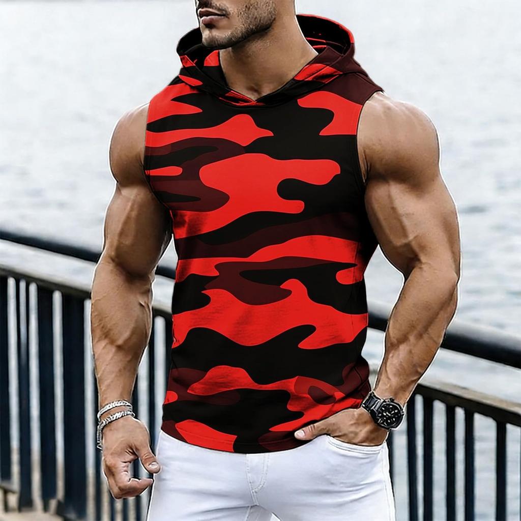 Men's Casual Fashion Printed Sleeveless Hooded Tops | Lightweight Summer Hooded Tank Tops