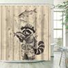 Skurriler Waschbär beim Angeln Duschvorhang - Anthropomorphes Design, Bleistiftzeichnung, Polyester, 12 Haken, Verspielte Dekoration