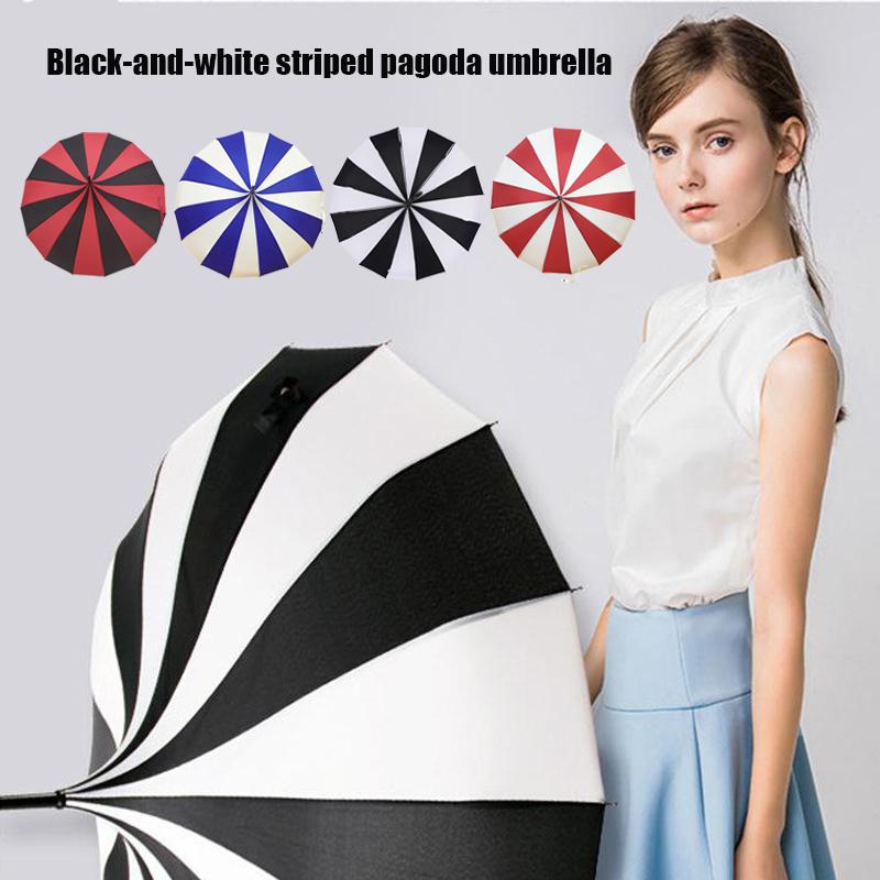 16k Black And White Retro Pagoda Umbrella Classical Striped Parasol Umbrella Sun Rain Uv Large Umbrella With Hook Handle