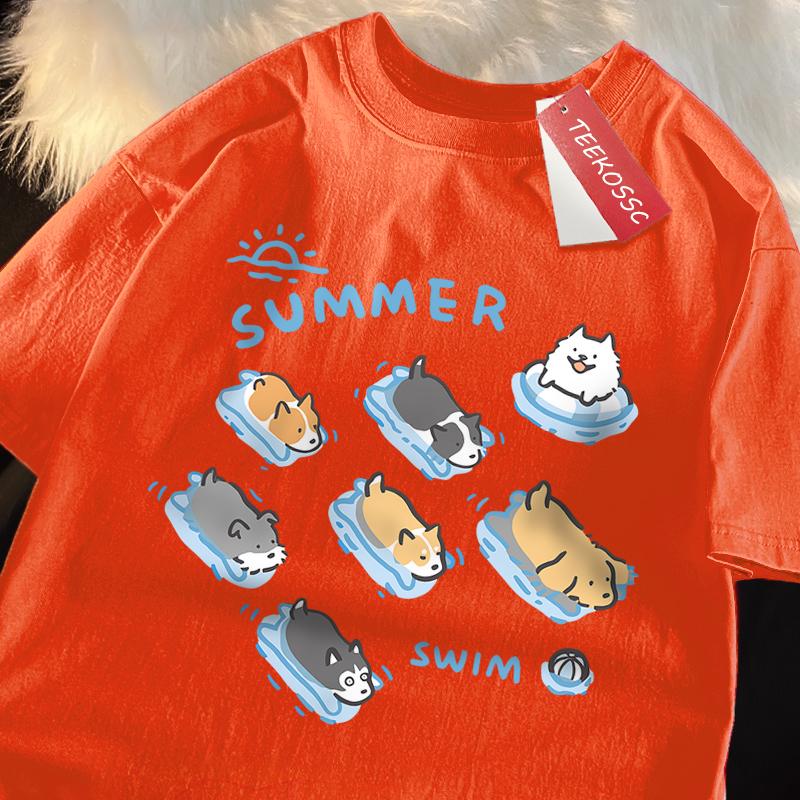 Fun Cat And Dog Swimming Japanese Style T-Shirt Female Casual Loose T-Shirts Summer Tops Fashion Breathable Tee Clothing