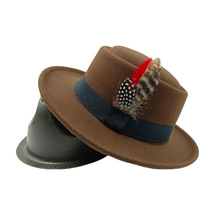 Vintage Pork Pie Hat Men feather fedora hat Webbing Decorative flip-brim Felt hats Panama Gentlemen women Church Jazz Hat