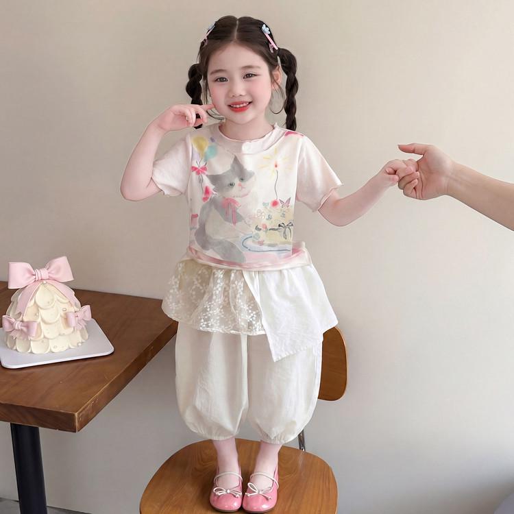 Girls' Cat Print Short Sleeve Top & Mesh Lantern Pants Two-Piece Summer Set