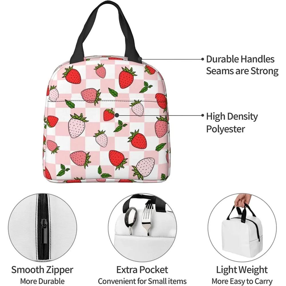 Insuated Lunch Bag for Women Kawaii Print Bags Cute Pink Plaid Reusable Lunch Box for Picnic Beach Office