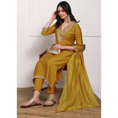 Ensemble Kurti Pant Dupatta en Soie Pure pour Femme Salwar Kameez Indien Brodé Fête VF-20156