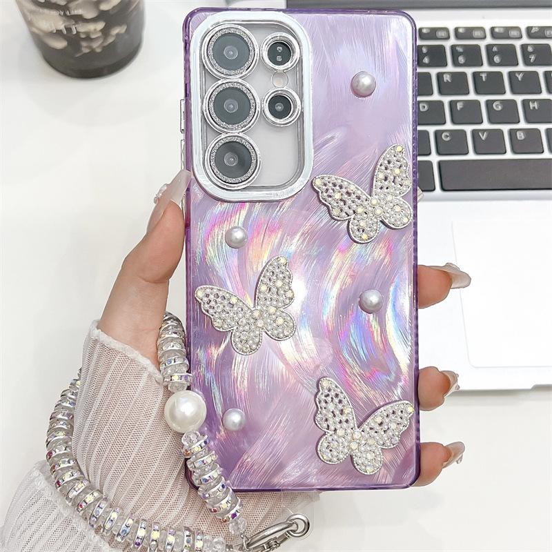 Fluture Tridimensional Perlă Galvanizare Imd Potrivit pentru Samsung S25 UltraA56 Husă Telefon Mobil cu Brățară Folie Obiectiv S24