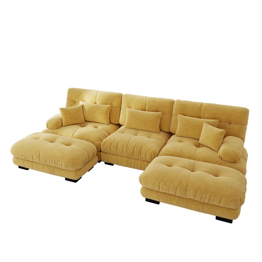 Luxuriöses Modulares Ecksofa - Überdimensionale U-förmige Wolken-Couch für das Wohnzimmer, Tiefe Sitzfläche, Umklappbares Schlafsofa mit Hocker, Gelb