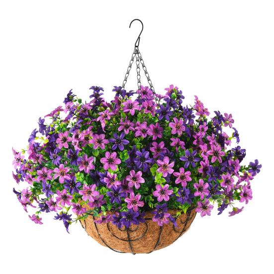 Yousheng Artificial Hanging Flowers Basket UV Resistant Outdoor Fake Hanging Plants Colorful Faux Silk Flowers Eucalyptus In Basket for Porch Patio