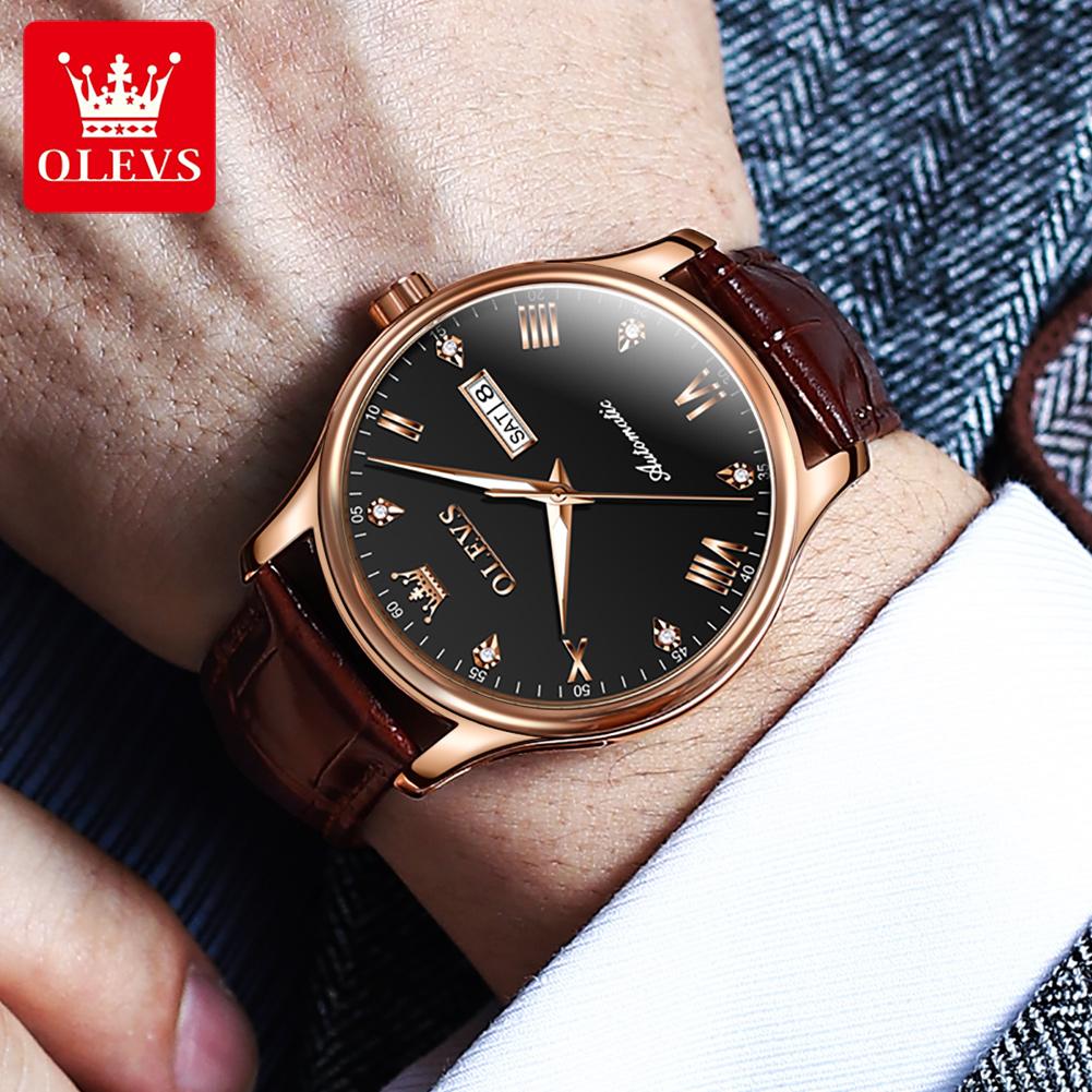 OLEVS Men's Watches Casual Trend Leather Strap Original Self-winding Mechanical Wristwatch for Man Waterproof Luminous Date Week
