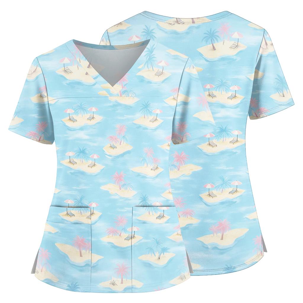Women's V Neck Medical Scrub Top Hawaiian Print Short Sleeve Side Slit Pockets Nurse Uniform Shirt Lightweight Breathable Fabric