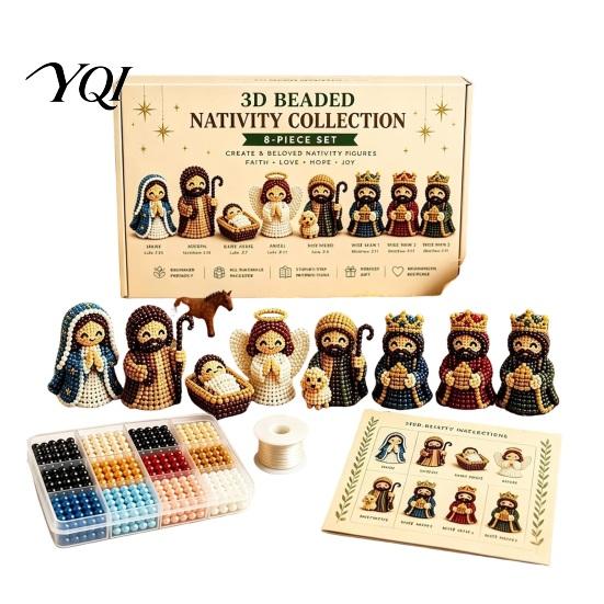 Family Parent Child Activity 3D Nativity Bead Craft Kit for Christmas Decoration, DIY Beaded Winter Holiday Ornaments Scene Figurine Set Adults