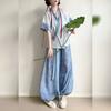 Chinese Wei Jin Dynasty Style Hanfu For Women With Cross Collar Short Sleeved Lantern Pants Daily Set