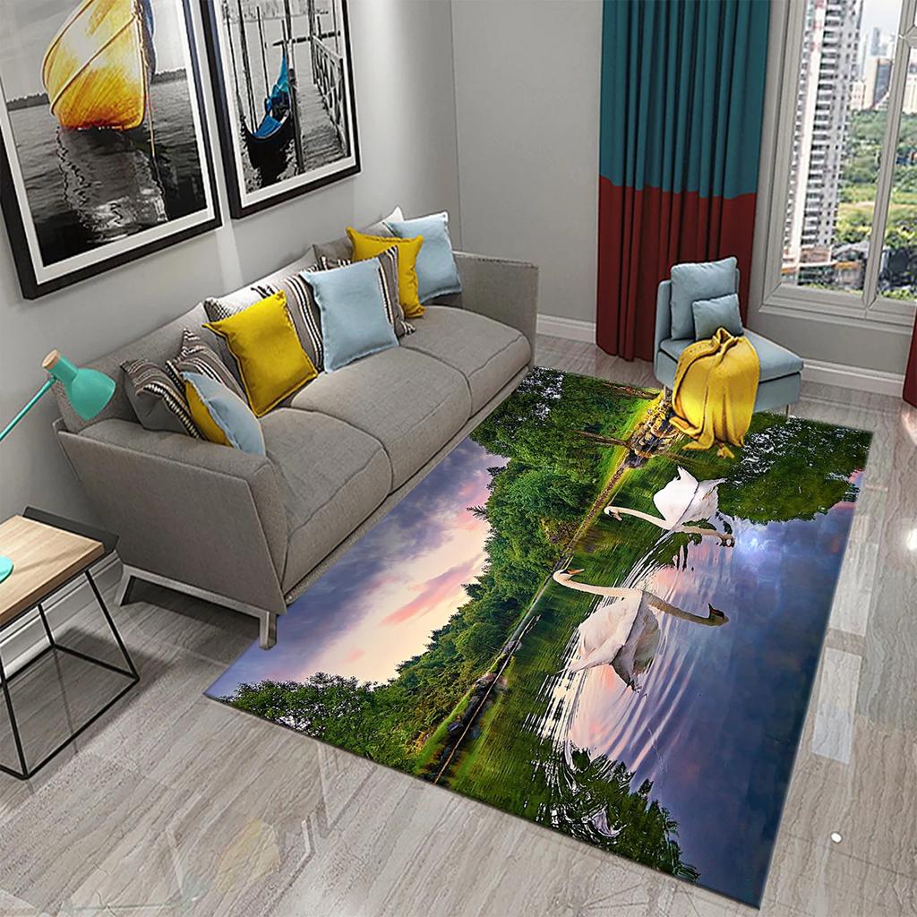 3D Cute White Swan Carpet Romantic Area Rug for Kids Bedroom Living Room Bathroom Non-Slip Soft Carpet Animal Doormat Home Decor
