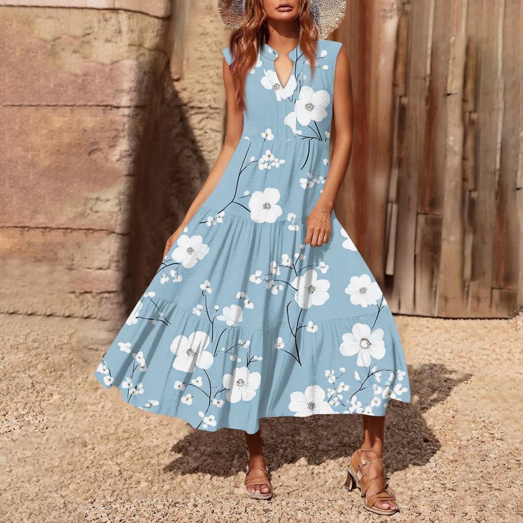Women's Casual And Fashionable V-neck Sleeveless Printing Mid Length Dress
