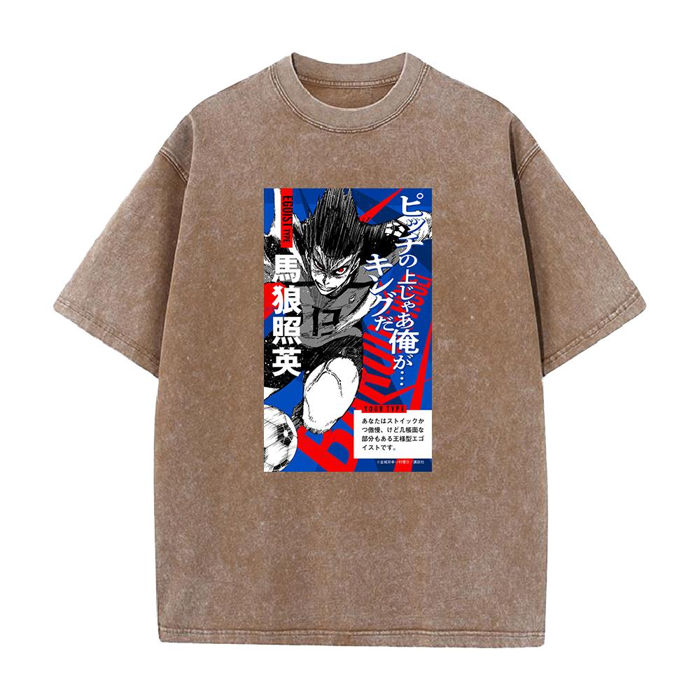 BLUE LOCK Anime Clothing Barou Shouei Printed Washed Tshirt Men Breathable Cotton T-shirts Manga Washed Tee Harajuku T Shirt