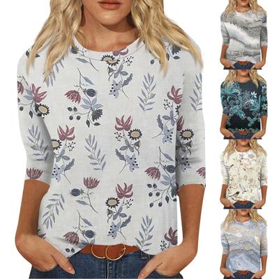 Damenmode Lässig Rundhals 3/4-Ärmel Locker Bedrucktes T-Shirt Damenoberteil Regulär Dreiviertelärmel Pullover-Oberteil
