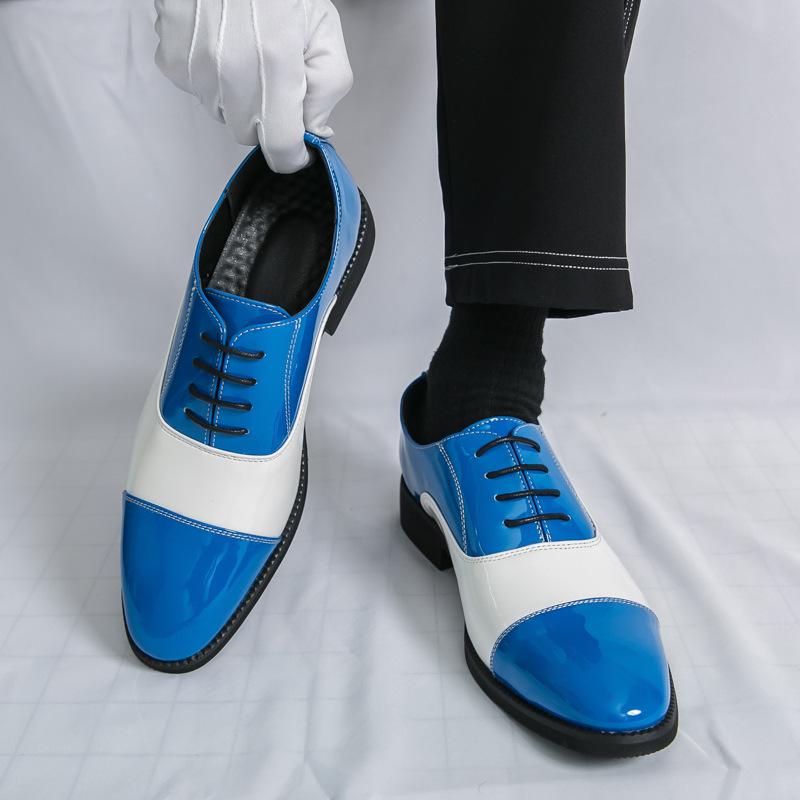 Herrskor i läder, formella, slip-on loafers, kontrasterande färger, stora storlekar, idealiska för vår och höst.