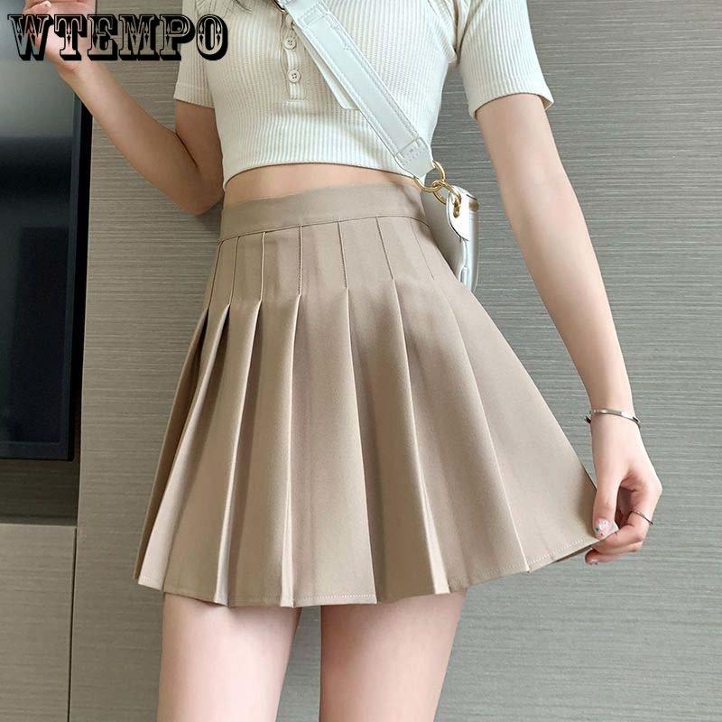 Pleated Skirt A-line High Waist Women Back Zipper Built-in Anti-light Safety Pants Slim Black Grey Hotswet Preppy Style Casual