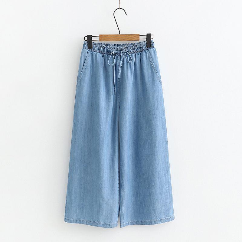 Summer Spring Style Slub Pattern Straight-leg Pants Cropped Pants Tencel Denim Drawstring Wide-leg Pants Women s Thin Korean Style S