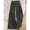 Women's High Waist Military Green Wide-Leg Cargo Jeans - Retro Floor-Length Pants