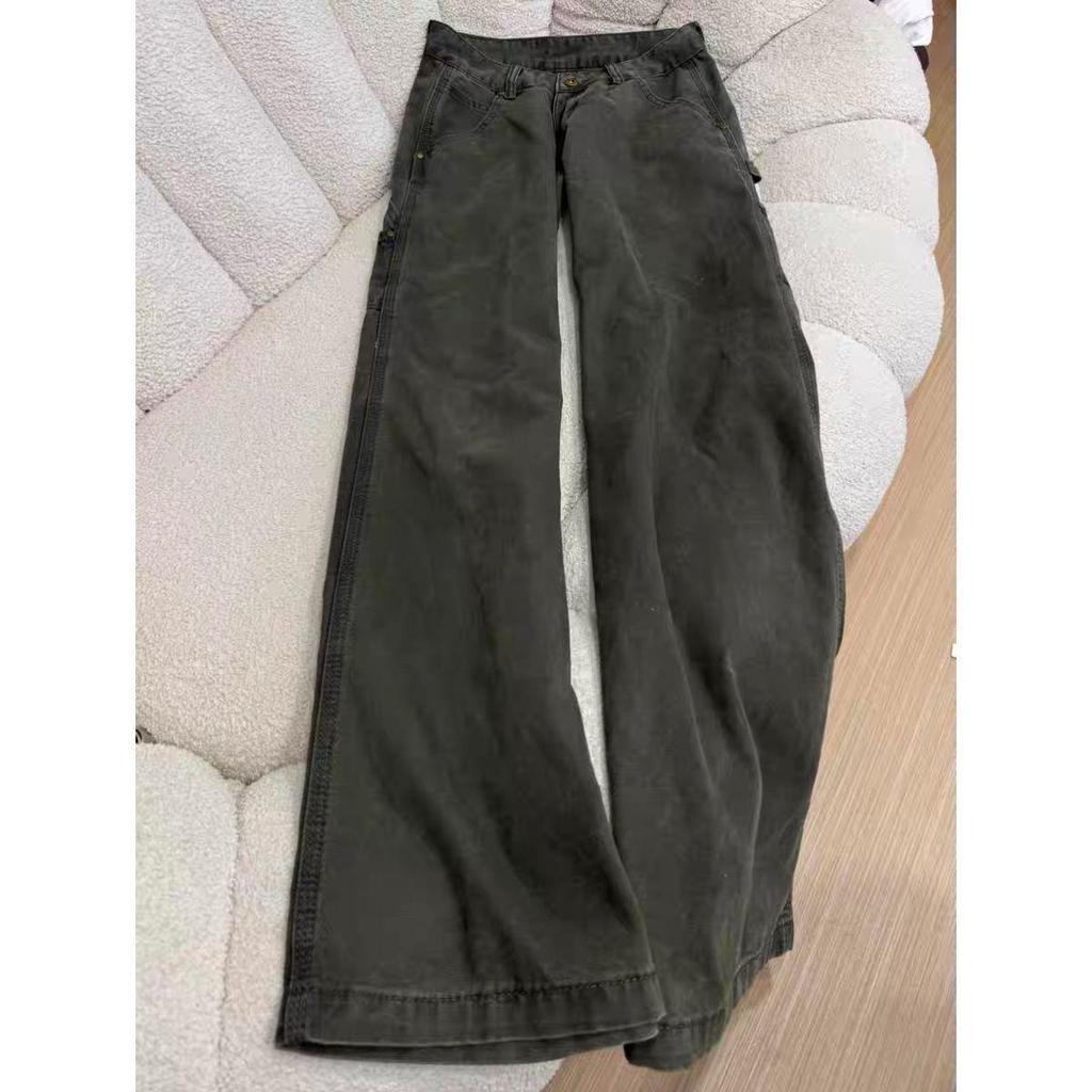 Women's High Waist Military Green Wide-Leg Cargo Jeans - Retro Floor-Length Pants