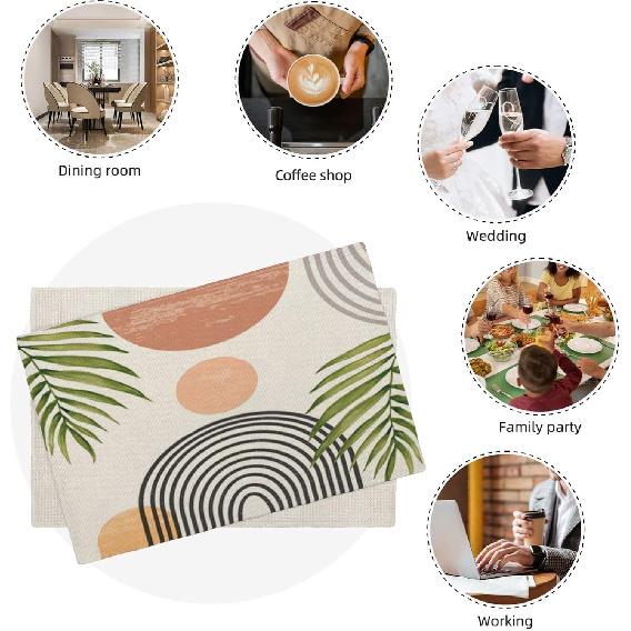 Mid Century Placemats Set of 4, Boho Abstact Sunset Leaf Stripe Decorative Table Mat 12 x 18 Inch Heat Resistant Non Slip Line Fabric Summer Place