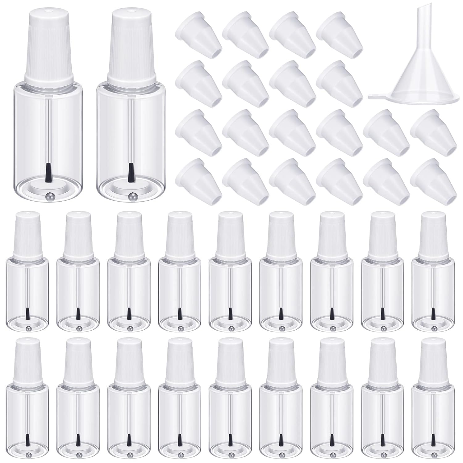 Irenare 20 Pcs 20ml Refillable Empty Nail Polish Bottles Plastic Nail Polish Container Empty Bottle with Mixing Marble Conservation Insert Brush Top,