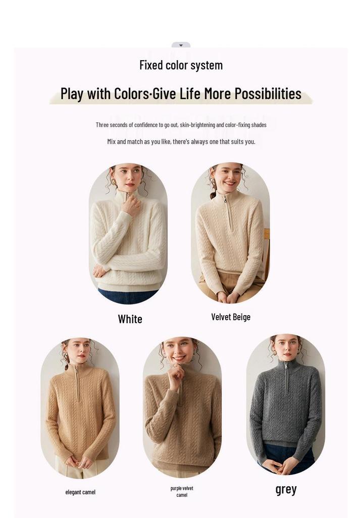 Women's Thickened Cashmere Stand Collar Sweater - Loose Fit, Zipper Lapel, Autumn/Winter 2024