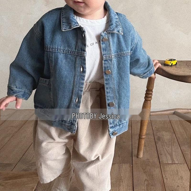 Korean Spring Fashion Denim Jacket for Kids: Stylish Boys & Girls Lapel Coat with Side Pockets