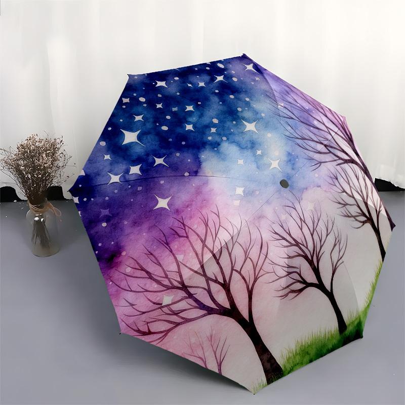 1pc night sky trees Automatic Folding Umbrella, Heavy Duty 8 Rib Iron Frame,  Suitable for Travel, Daily Use, Birthday, Decor Gift  04
